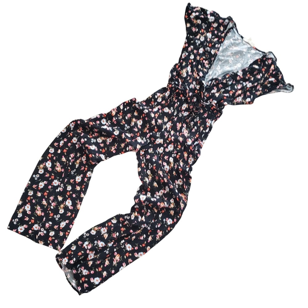 Kingston Grey Women Black Floral Wide Leg Jumpsuit V-Neck Flutter Sleeve Medium